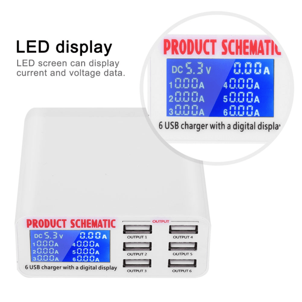 6-port 6A USB-opladerstation med LCD-skærm 100-240V (EU-stik)