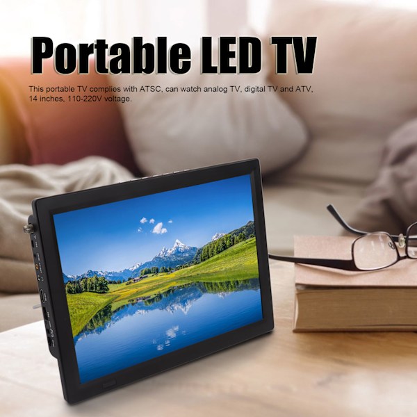 Bärbar Digital TV 14 tum ATSC Samma Skärmfunktion Uppladdningsbar Bärbar TV EU-kontakt 110‑220V