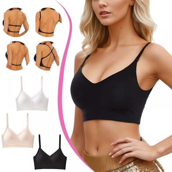 Underkläder för kvinnor Låg Rygg BH för Kvinnor Trådlös Sömlös BH Rygglös Multiway-band Konvertibel Halter BH Dam BH (Svart, XL)