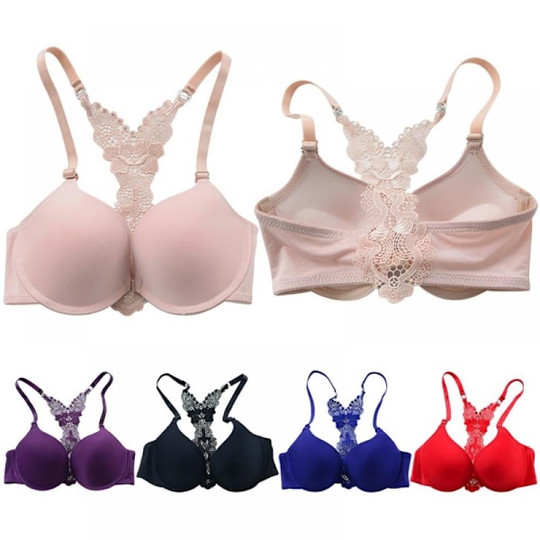 Dam Underwire Push Up BH Spets Pärla Racerback Frontknäppning BH 34B 36B 38B