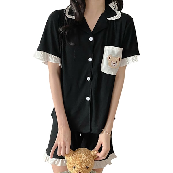 Dam Kortärmad Pyjamas Set Nedvikt Krage Volangdetaljer Tvådelad Topp Shorts Nattkläder Svart XL