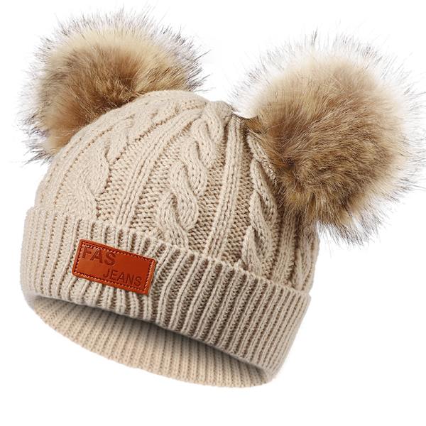 Toddler Hat， Färg Vinter Dubbel Pom Pom Stickad Mössa