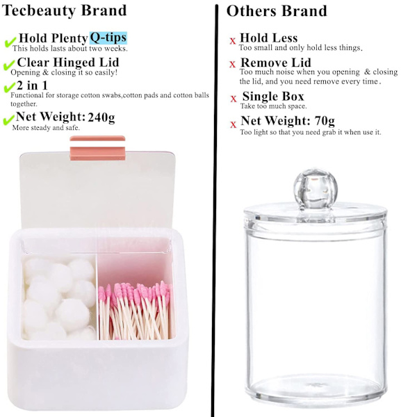 2 rum bomuldsvat kugle Qtip holder krukke plastikbeholder dispenser boks med hængslet låg til badeværelse hjem opbevaring organizer（hvid）