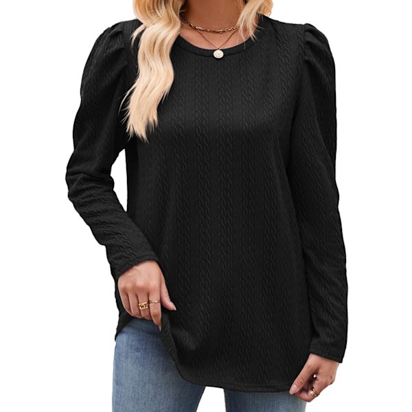 Dam Crewneck Långärmad Topp Ribbad Puffärm Enfärgad Casual T-shirt för Fest Shopping Fritid Resor Utomhus Svart XXL