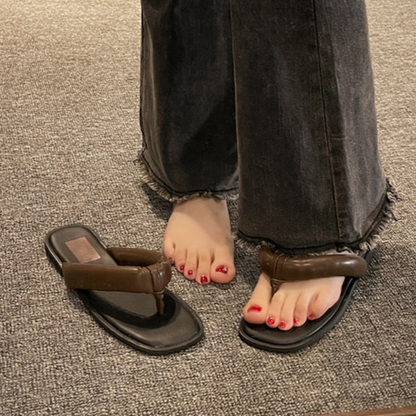 Dame Flade Flip Flops Sommer Kvinder Sandaler Retro Enkle Strand Tøfler til Udendørs Sort 37