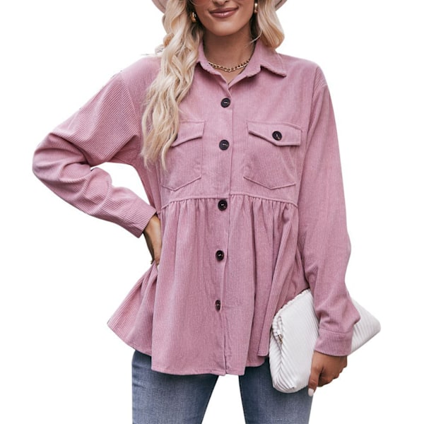 Dam Långärmad Topp Enkelknäppt Bröstfickor Nedfälld Krage Lös Fåll Ledig Blus Rosa XXL