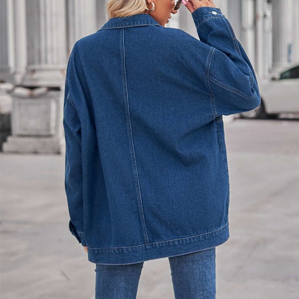 Långärmad Jeansjacka Lös Ledig Nedvikt Krage Knäppning Nedhasad Axel Kappa Ytterkläder med Ficka Blå M