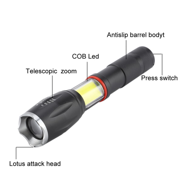 Bärbar T6 + COB LED ficklampa liten vattentät teleskopisk zoom Pe