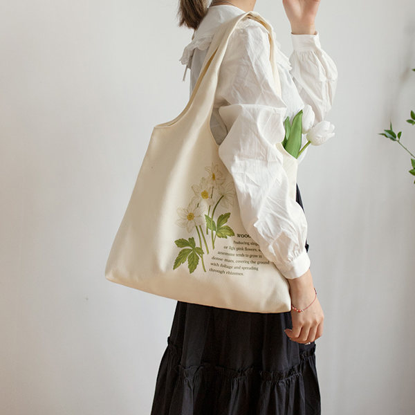 Lærred Tote Bag Hvid Æstetisk Personlig Tilpasset Genanvendelig Indkøbsposer Blomsterstreg Kunst Shopping Skuldertaske