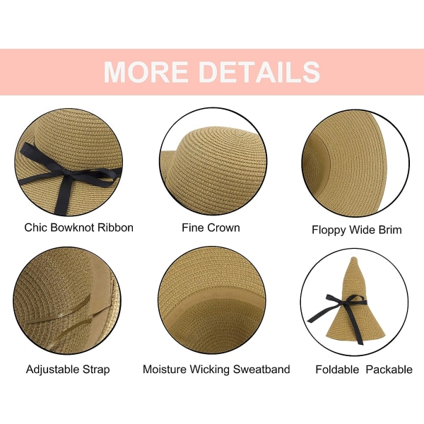 Dame Bredskygget Solhat i Halm, Floppy Foldable Roll up Cap Su