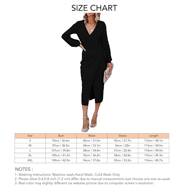 Knit Dress V Neck Midi Length Long Sleeve Breathable Women Casual Fit Dress for Shopping Black 2XL