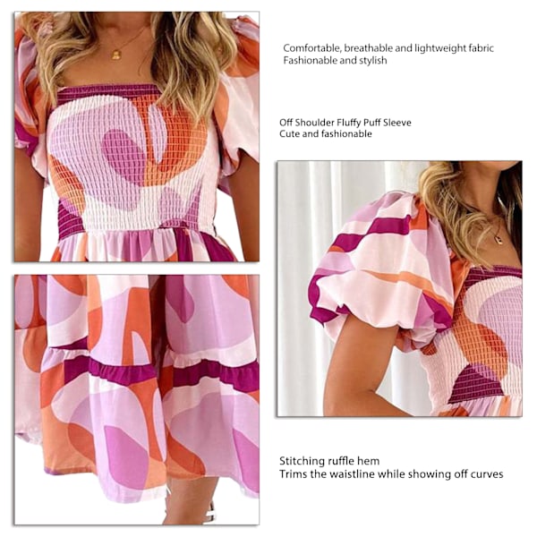 Off Shoulder Lång Klänning Puffärm Volangfåll Off Shoulder Rynkad Tryckt Klänning för Kvinnor Vit med Purpurfärgade Cirklar M