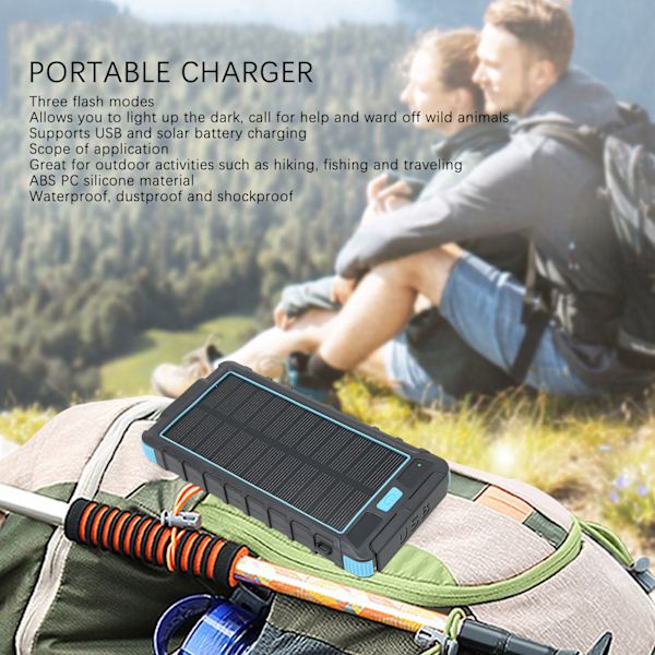 Kannettava Aurinkoenergiallinen Puhelinlaturi 20000mAh Aurinkopankki Kompassilla ja LED-Taskulampulla Ulkoilmaan Musta Sininen