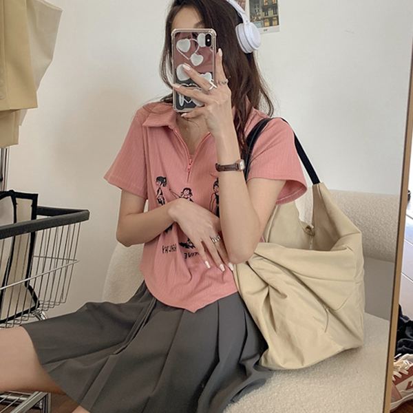 Kortärmad blus med asymmetrisk fåll, nedvikt krage, dragkedja, tryckt kortärmad blus för kvinnor, damer, flickor, rosa L