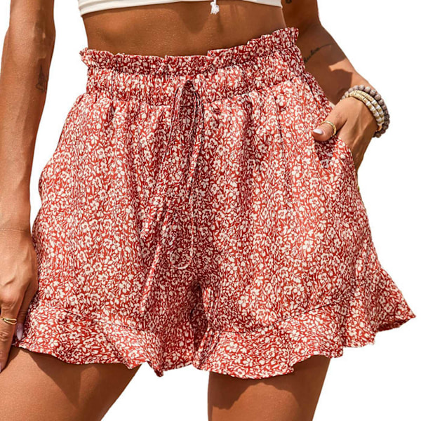 Shorts Sommar Trendiga Tryck Lös Casual Hög Midja Bälte Ficka Shorts för Damer Vinröd S