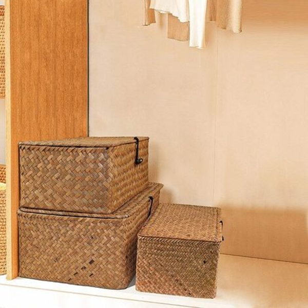 Flätad förvaringskorg i rotting med lock Sjögräs Tvättkorgar Makeup Organizer för badrum, vardagsrum, kök - Finns i 3 designer (S, M, L)