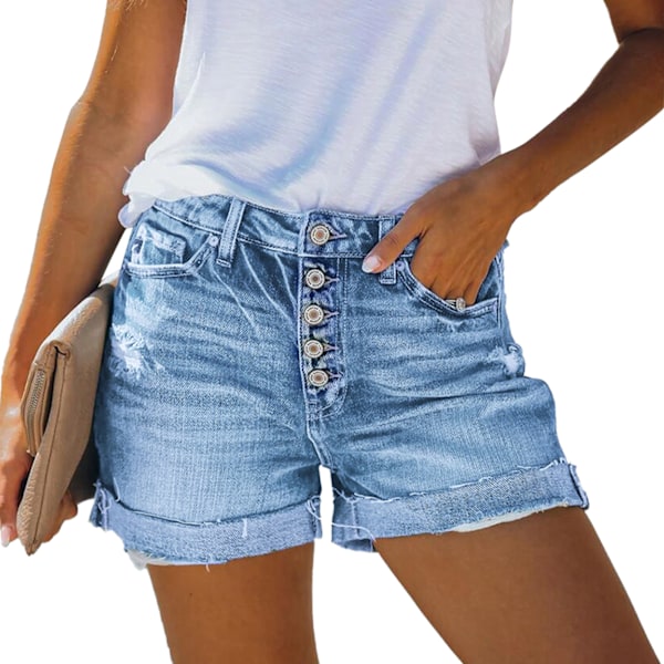 Dam Casual Distressed Shorts Stretchiga Hög Midja Enkel Knapprad Muti Fickor Shorts Ljusblå L