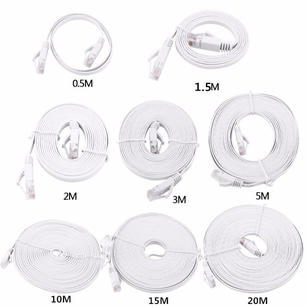 0,5 m 1,5 m 2 m 3 m 5 m 10 m 15 m 20 m Ethernet-kabel Høyhastighets RJ45 CAT6 Flat Ethernet Network LAN-kabel UTP Patch Router Datamaskinkabler