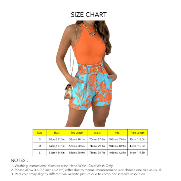Ärmlös Tank Top och Shorts Set Färgkontrasterande Dam Sommar 2-Dels Set med Bälte Orange Tank Top Ljusblå Shorts S