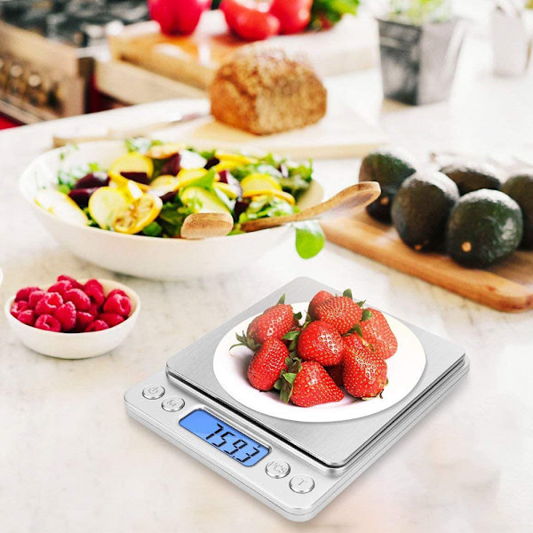 Digital köksvåg med plattform i rostfritt stål, kompakt design med smarta funktioner, bakgrundsbelyst LCD-display för enkel avläsning i alla ljusförhållanden, 3000g vikt
