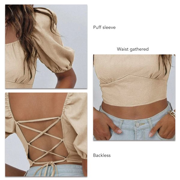 Kort Puffärm Topp Dam Trendig Elegant Enfärgad Snörning Rygg Skjorta Blus för Dejt Khaki XS
