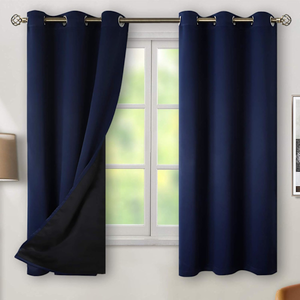 Termisk isolerte 100% mørkleggingsgardiner for soverom med svart fôr, dobbeltlags full rommørkende støyreduserende gardin med hemper (2 paneler)