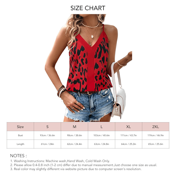 Dam V-ringad Tank Top Spaghettiband Leopardtryck Lös Passform Sommar Ärmlös Väst Röd XL