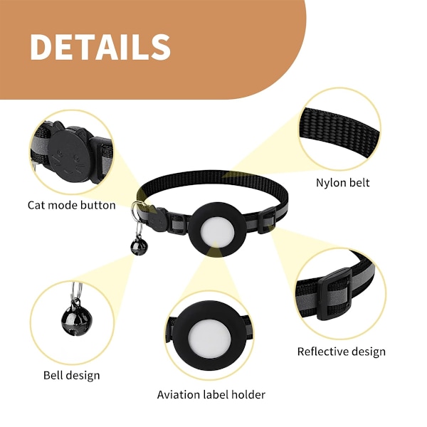 Sött Halsband med Spänne för Katt, Säkerhetsspänne med Spårare för Små Husdjur i Svart med Reflexdesign (Justerbar Längd)