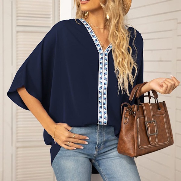 3/4 Ärm Chiffongskjorta V-ringad Tryckt Oversized Lös Passform Blus T-shirt för Kvinnor Sommar Marinblå XXL