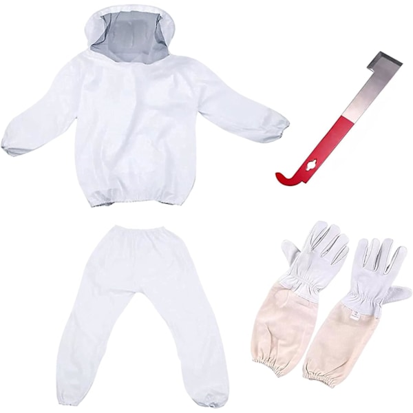 Skyddande dräkt för professionella och nybörjarbiodlare med handskar och bikupa.