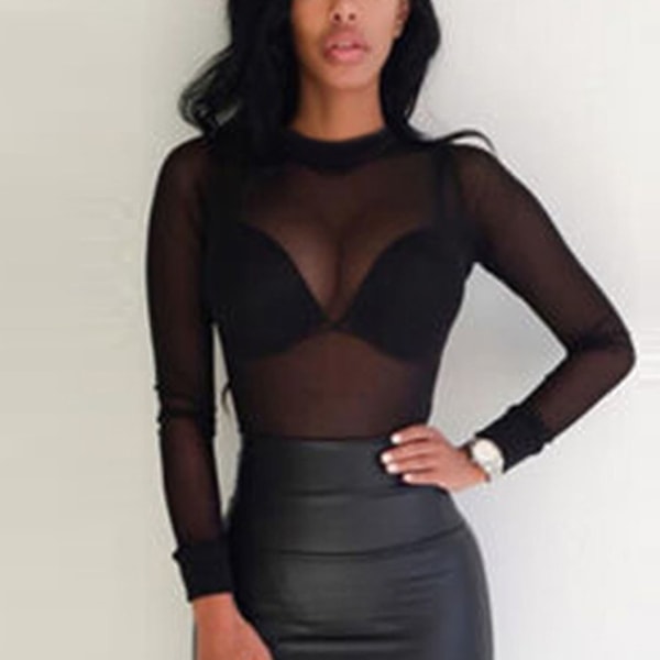 Dam Långärmad Mesh Topp Elegant Andningsbar Elastisk Slim Fit Genomskinlig Underdel Skjorta Blus