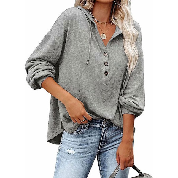 Dam Knapptröja V-ringad Långärmad Pullover Toppar Med Dragsko för Kontor Träning Grå M
