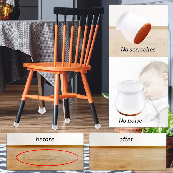 Uppgraderade silikonstolsbenskydd med filt för trägolv, elastisk cover för att skydda golv från repor och ljud, slät