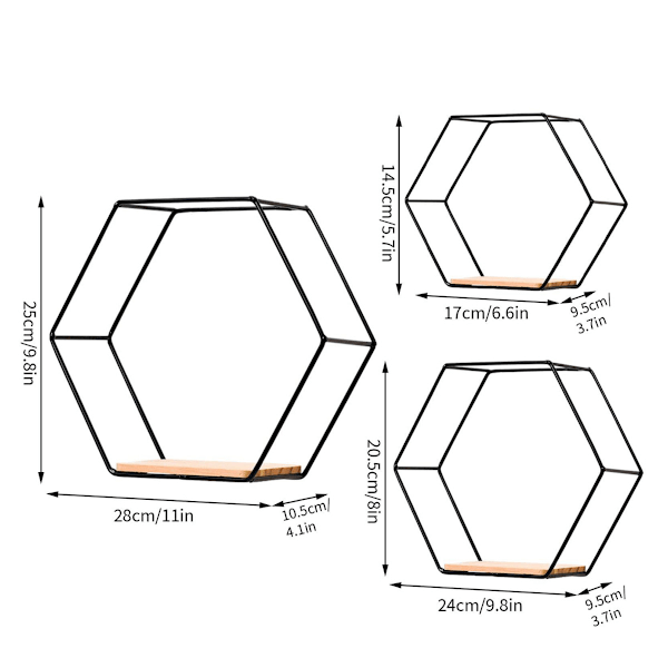 Hexagonala väggshyllor Set om 3, Järnväggshylla, Metallförvaringshyllor för kök, badrum, vardagsrum sovrumskontor, Flytande metallhylla