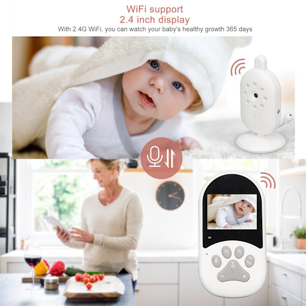 Videobabyalarm med kamera 2,4 tommer 2-vejs stemmeintercom infrarød nattesyn WiFi babyovervågningsenhed 100‑240V EU-stik