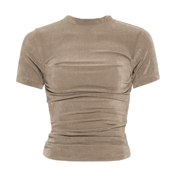 Dam Sommar Kort Topp Casual Rund Hals Rynkad Kort Ärm Slim Fit Topp för Kvinnor Kaffe M