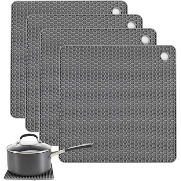 Halkfri Värmebeständig Matta, Silikon Grytunderlägg för Varma Grytor, Multifunktionell Grytlapp, Lätt att Rengöra, Honungskakemönster, Livsmedelsgodkänd Silikon, Grå, 4