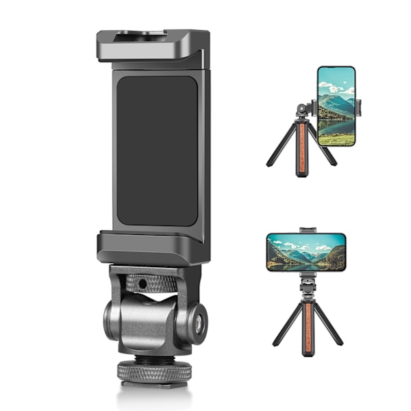 Aluminium Telefon Tripod Montering Koldskostøtte Vertikal Horisontal Universal Smartphone Klemme med 1/4in Skruehuller