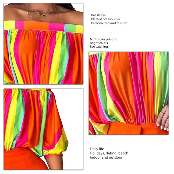 Fladdermusärm Topp Dam Off Shoulder Lös Rynkad Kort Flerfärgad Tryck för Sommar Orange Rand XL