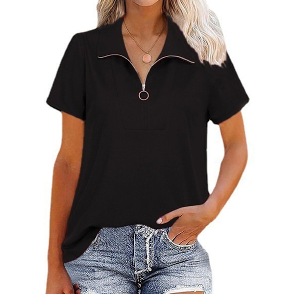 Dam Kvarts Zip Pullover Topp Kort Ärm Nedvikt Krage Enfärgad Lös Passform Sommarskjorta Svart XXL