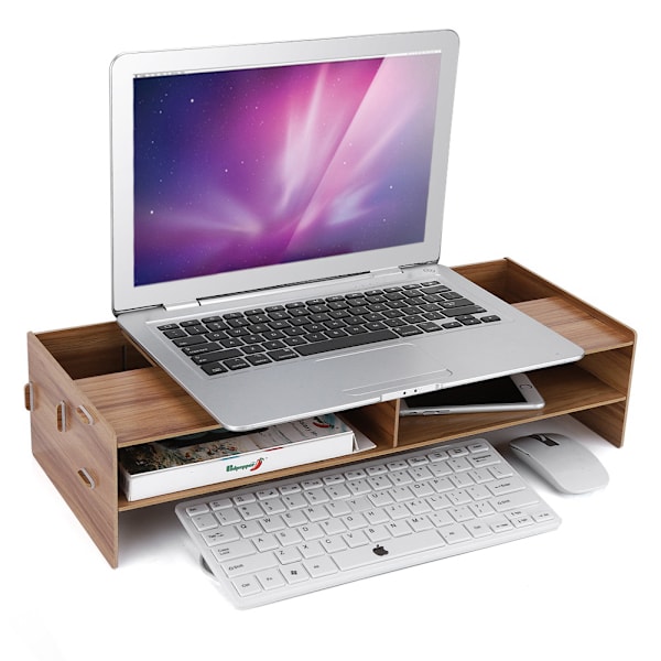 Skærmstativ Computer Desktop Laptop Hylde Skrivebord Bord Beslag Holder Opbevaringshylde (Kirsebærtræ)