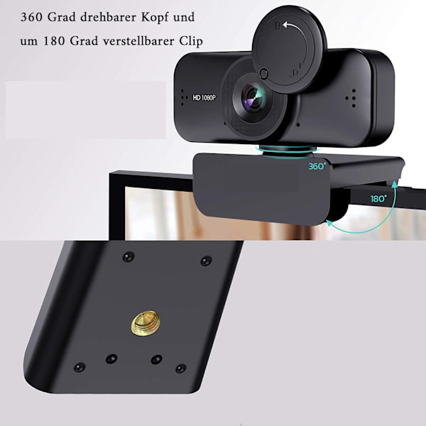 Webkamera med mikrofon, Full HD 1080P webbkamera med lock för videostreaming, onlinelektioner, konferenser, fungerar med Skype, Zoom, Facetime