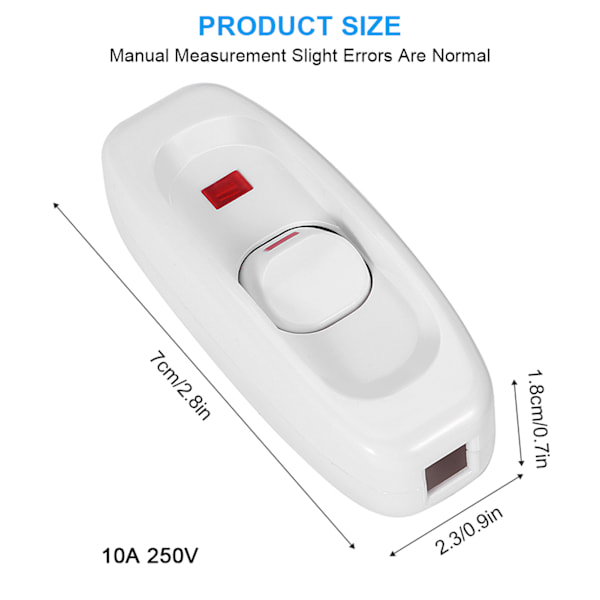 AC 250V 10A Inline ON/OFF -pöytävalaisimen johtokytkin LED-merkkivalolla, valkoinen