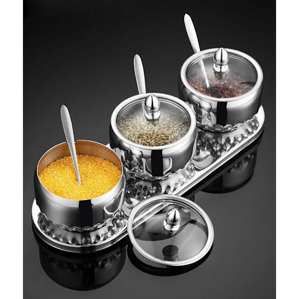 Modern Multipurpose Behållarset, Satinpolerad Spegelfinish Rostfria Kryddburkar, Halkfri Bricka för Säker Användning (3-Delars Set i Silver)