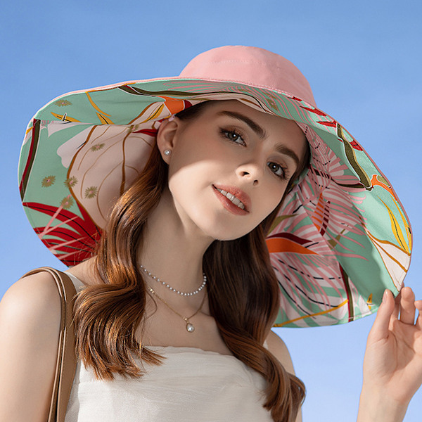 Bomull Bred Bremskjerm Solhatter  Kant Sommer UV Beskyttelse UPF Boho Hat for Strand Fotturer Hage Reise Hakestropp