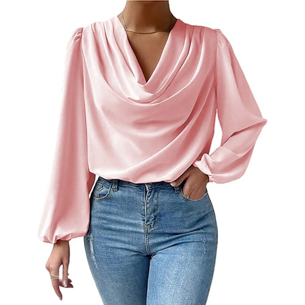Dam Draperad Krås Krage Långärmad Skjorta V-ringad Enfärgad Topp Mode Puffärm Topp Rosa 3XL
