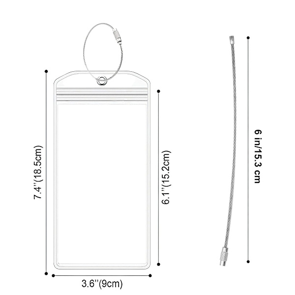 6-pack bagageetiketter, bagageetiketter, transparenta bagageetiketter, bagageetiketter, bagageetiketter med färgad rostfri stålslinga för resväska