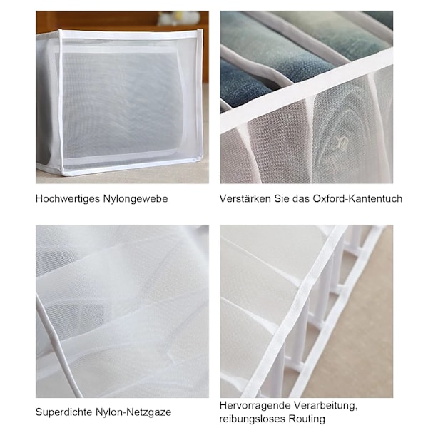 2 x Jeans Opbevaringsboks Skuffe Tøj Skuffe Mesh Divider Box Garderobe Tøjarrangør 7 Rum (Hvid, 36 x 25 x 20 cm)