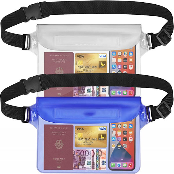 2-pack transparenta vattentäta påsar med justerbar vattentät väska, IP68 vattentät telefonväska, vattentät midjeväska för strand, vattensporter, simning,