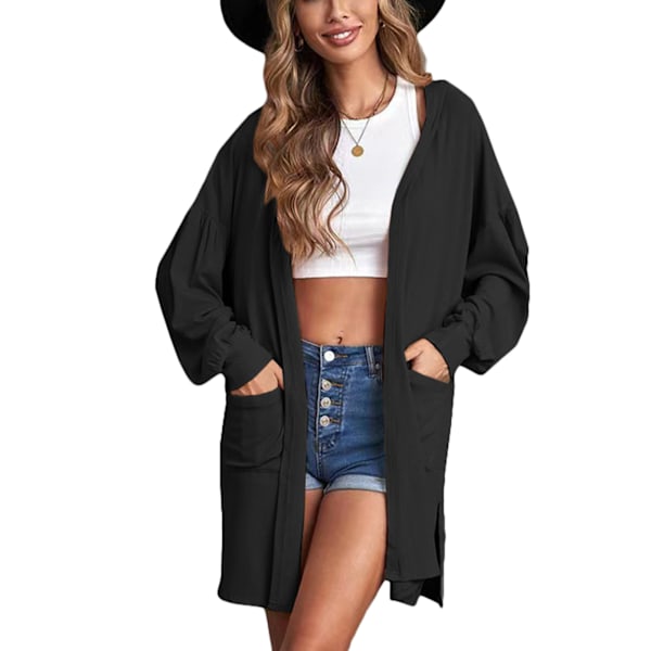 Lång enfärgad damkappa, ledig lös huva, lyktärm, mjuk cardigan för shopping, svart M